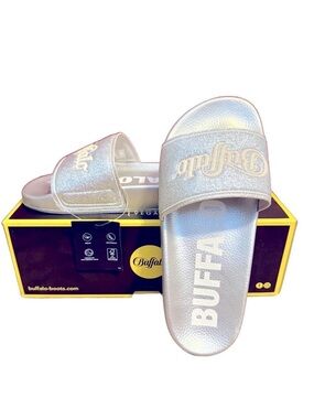 Buffalo London Silver Glitter Rio Slides Metallic Logo Strap Sandals 38 / 7.5